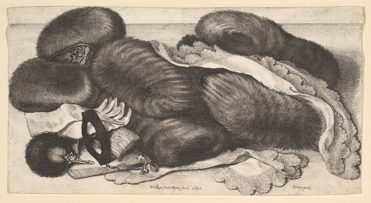 Natura morta con un gruppo di manicotti, un paio di guanti, ventagli, maschera e due fazzoletti da Wenceslaus Hollar