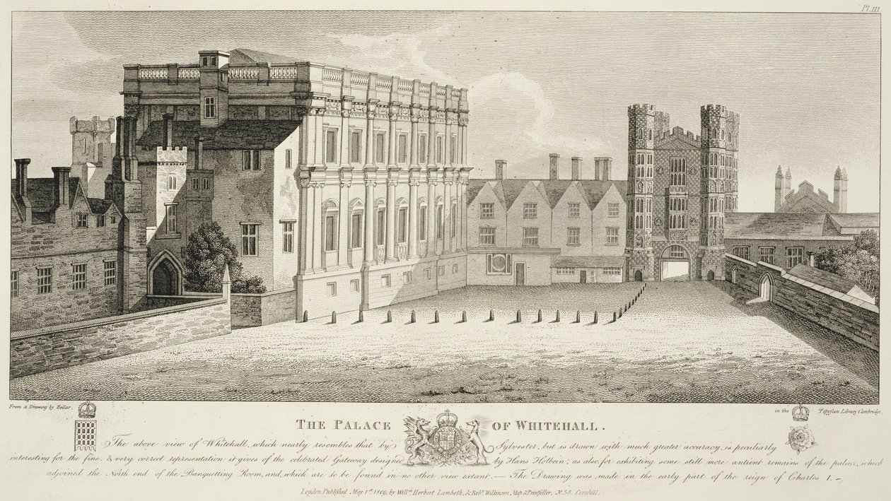 Il Palazzo di Whitehall, da un disegno nella Biblioteca Pepysian, Cambridge, pubblicato nel 1809 da Wenceslaus Hollar