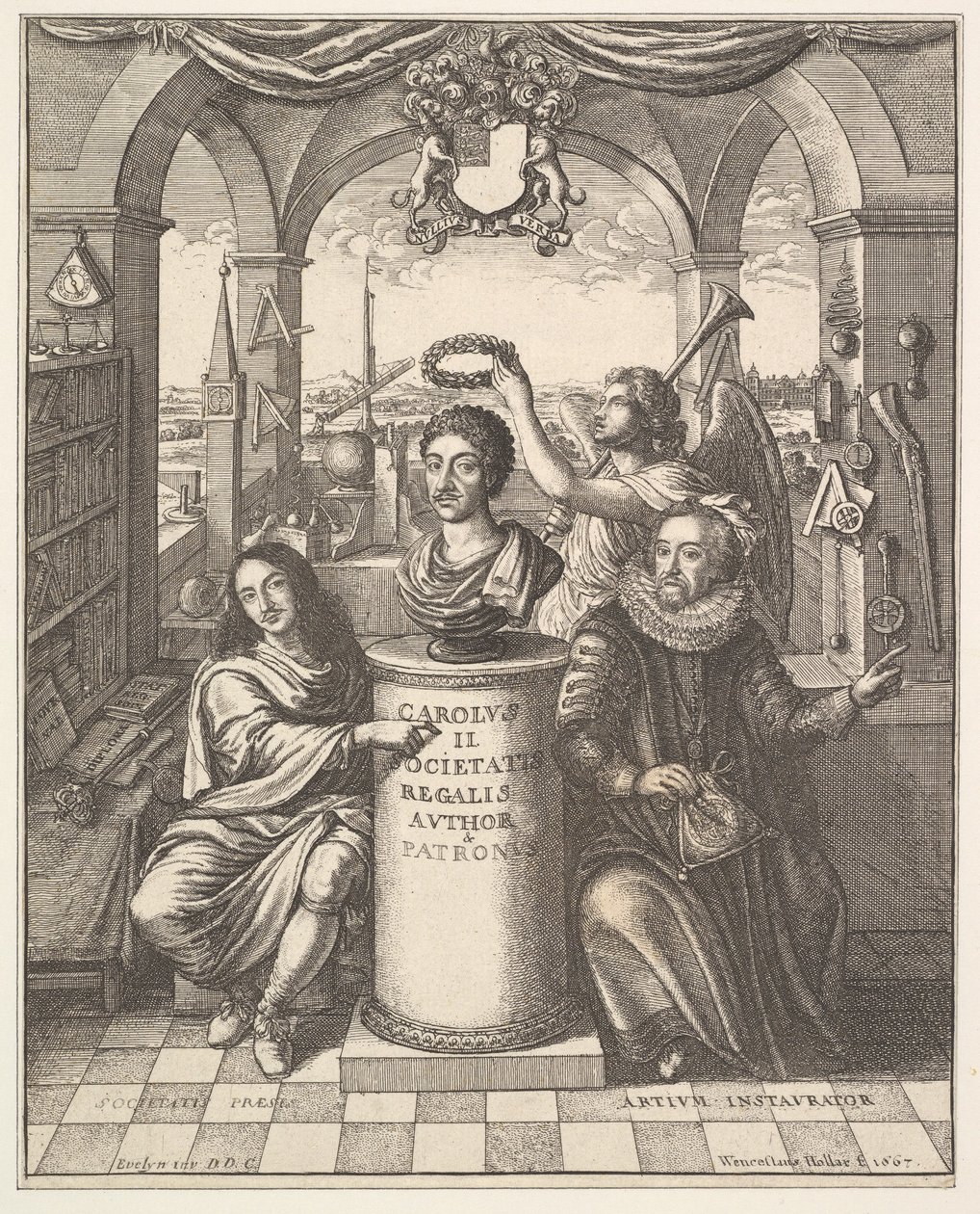 La Royal Society, frontespizio di Thomas Sprat, La storia della Royal Society di Londra..., 1667 da Wenceslaus Hollar