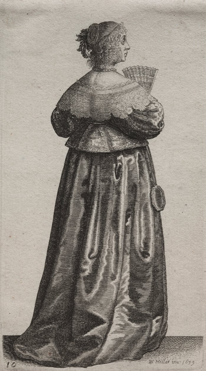 Gli abiti delle donne inglesi, dalla nobiltà alle contadine di questi tempi: La donna con ventaglio e specchio da Wenceslaus Hollar