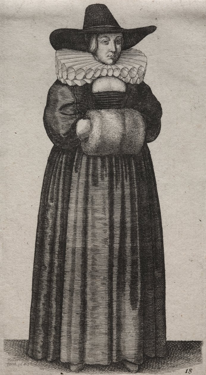 Gli abiti delle donne inglesi, dalla nobiltà alle contadine di questi tempi: La donna con cappello maschile e manicotto chiaro da Wenceslaus Hollar