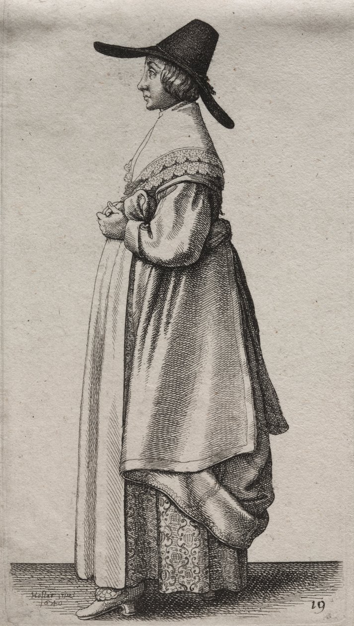 Gli abiti delle donne inglesi, dalla nobiltà alle contadine di questi tempi: La donna con cappello maschile e sottogonna fiorita da Wenceslaus Hollar