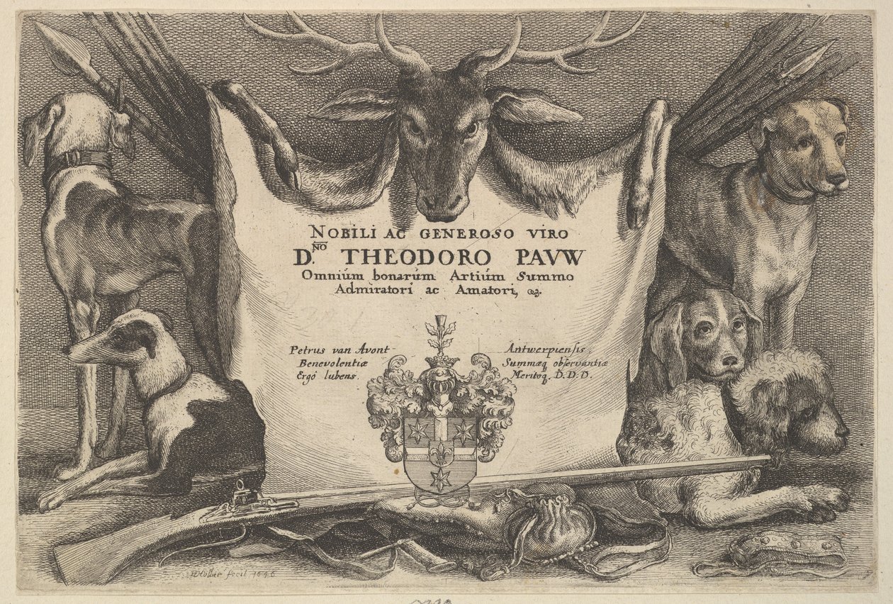 Frontespizio con cani e attrezzature da caccia, 1646 da Wenceslaus Hollar