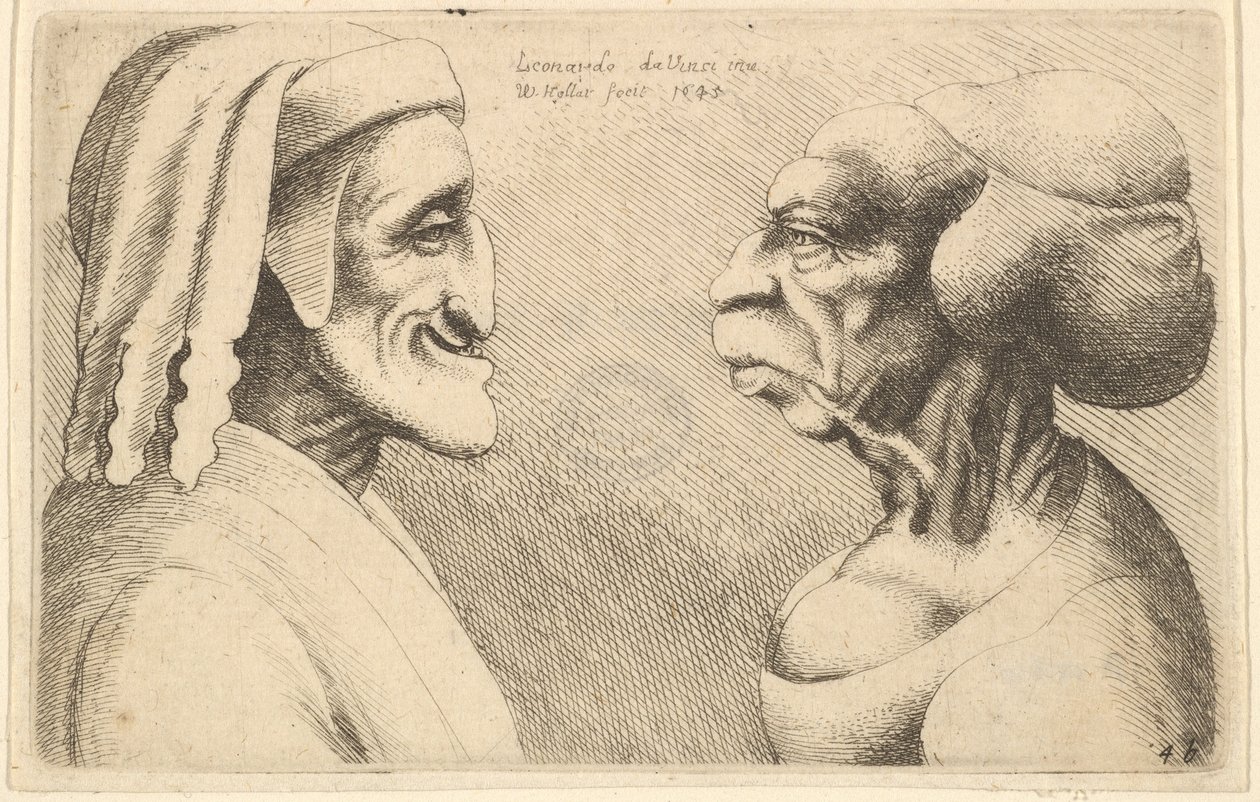 Due teste deformate, la figura a sinistra è forse una caricatura di Dante da Wenceslaus Hollar