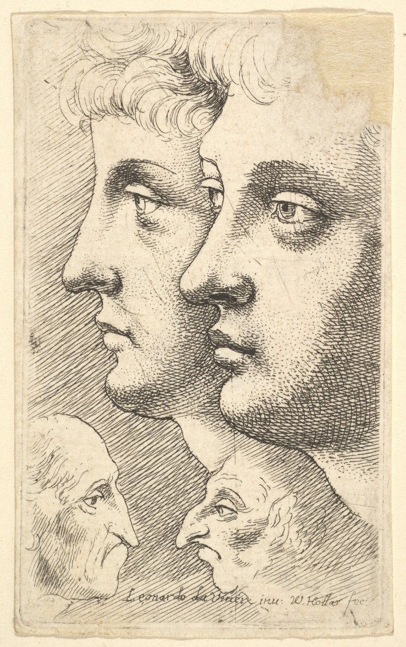Due giovani di profilo a sinistra con due teste grottesche che si affrontano sotto da Wenceslaus Hollar