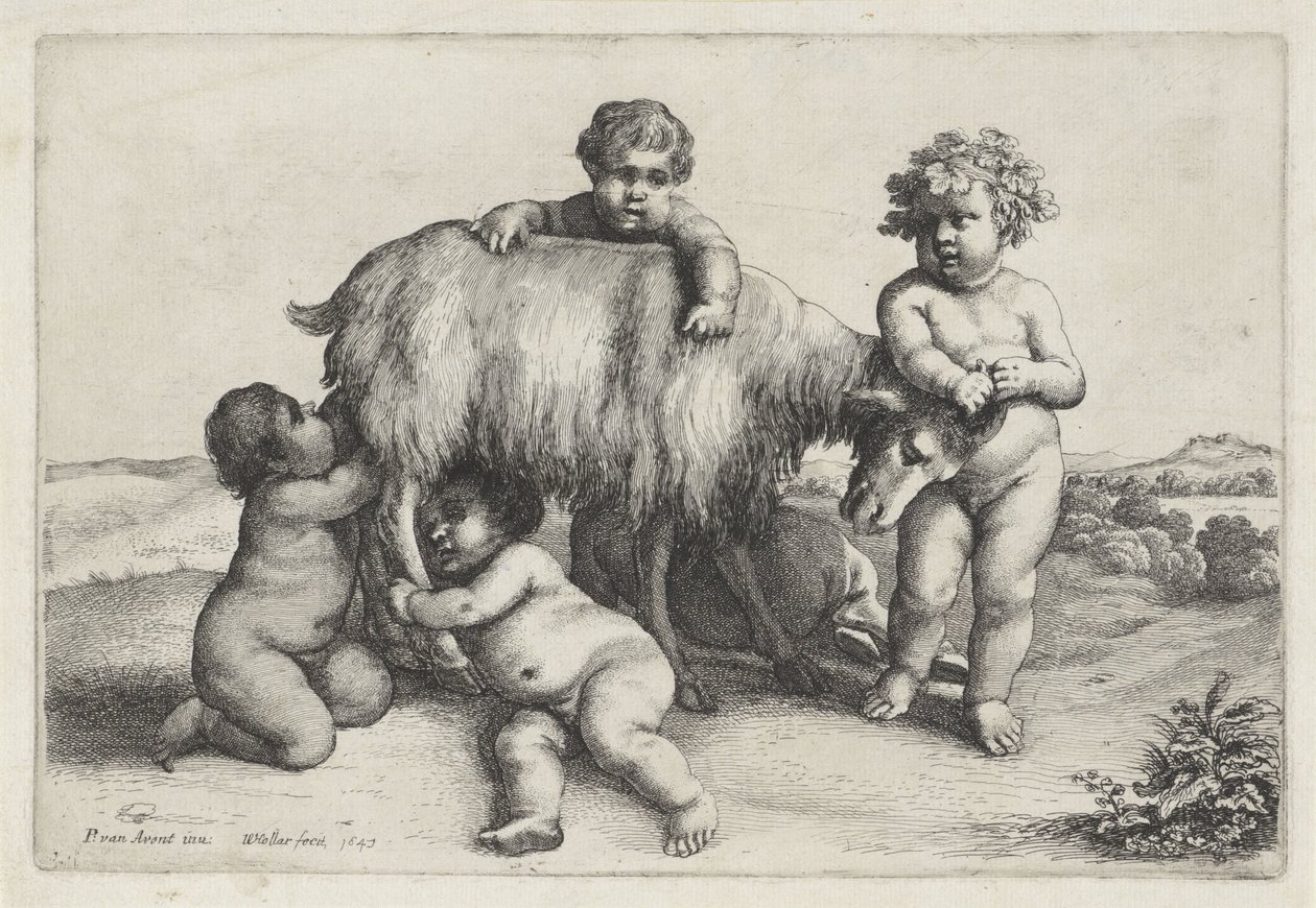 Quattro ragazzini, un satiro e una capra in piedi a destra da Wenceslaus Hollar