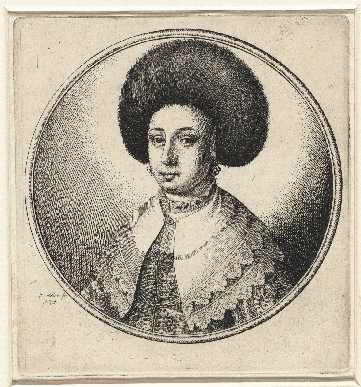 Donna con colletto di pizzo, orecchini e cappello di pelliccia da Wenceslaus Hollar