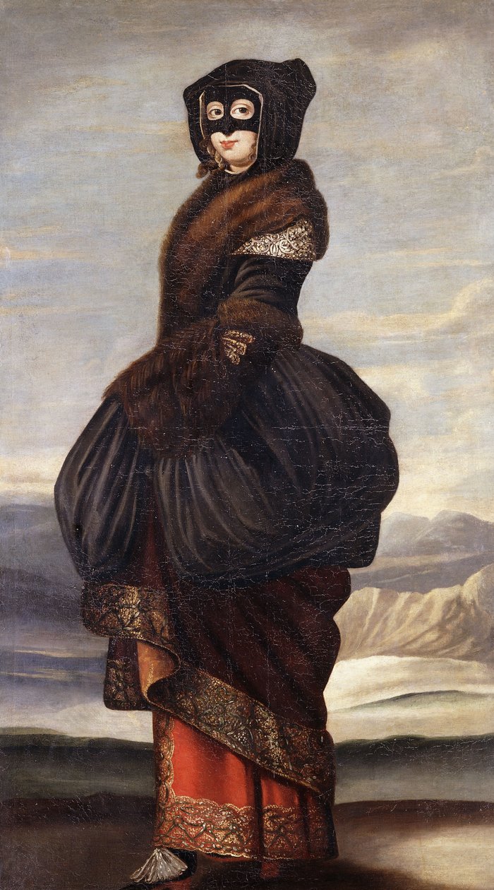 Inverno: Una signora, a figura intera, in costume esotico, con una maschera, in un paesaggio da Wenceslaus Hollar