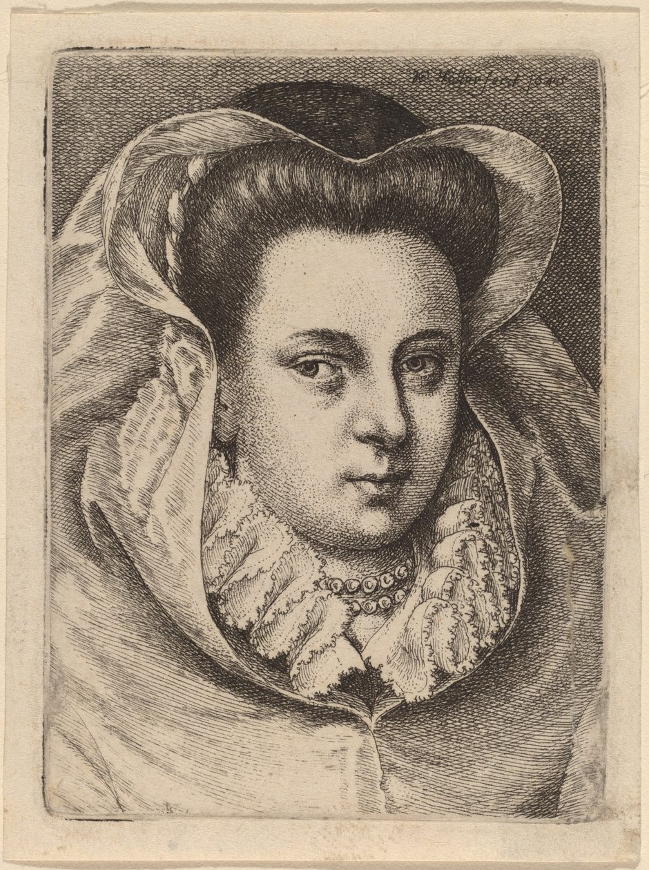 Donna con velo bianco e cappello nero (Maria Stuarda?) da Wenceslaus Hollar