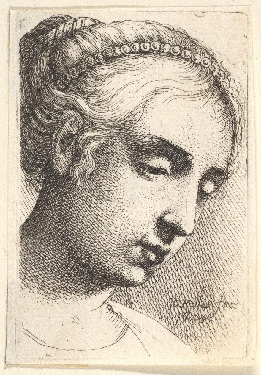 Donna con filo di perle nei capelli che guarda in basso a destra da Wenceslaus Hollar
