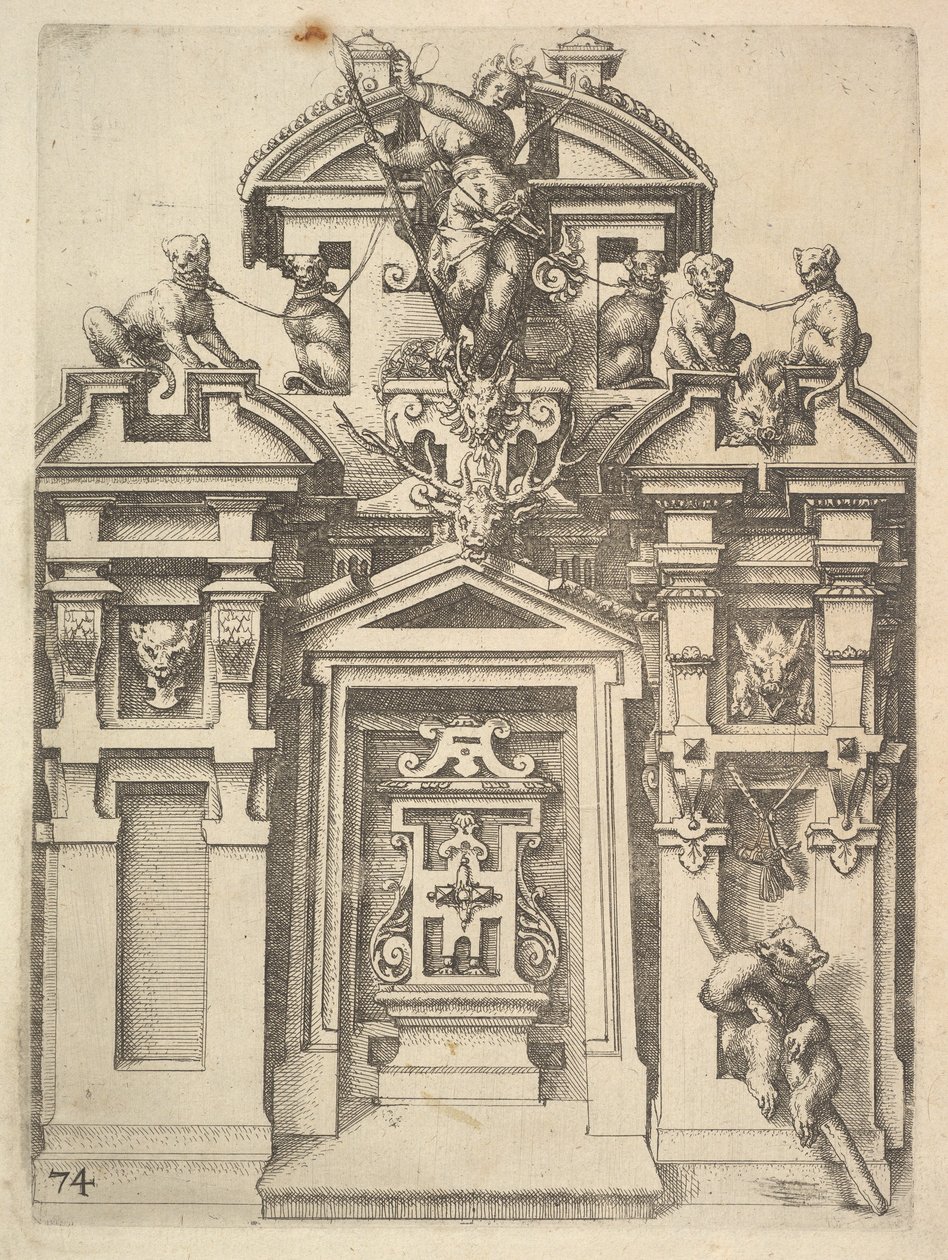Progetto per una struttura architettonica a tema di caccia, Tavola 74 dal libro di Dietterlin, 1598 da Wendel Dietterlin the Elder