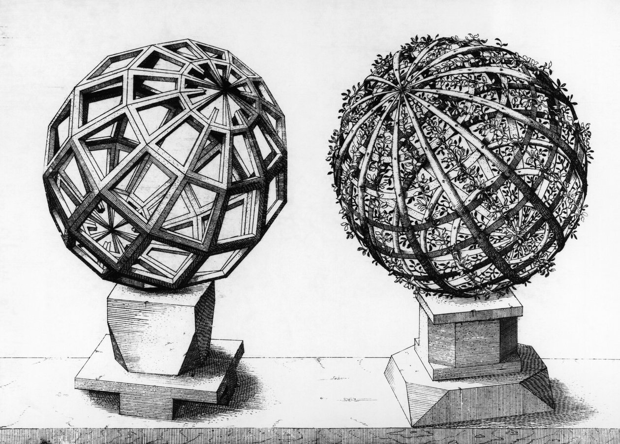 Illustrazione prospettica, due sfere, incisione dal Perspectiva Corporum Regularium, di Wentzel Jamnitzer (1508-1585), Norimberga da Wenzel I Jamnitzer