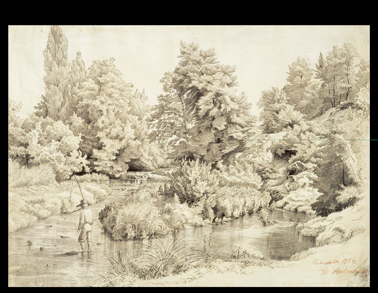 Erkrath, Paesaggio con ruscello e ragazzo che pesca da Werner Holmberg