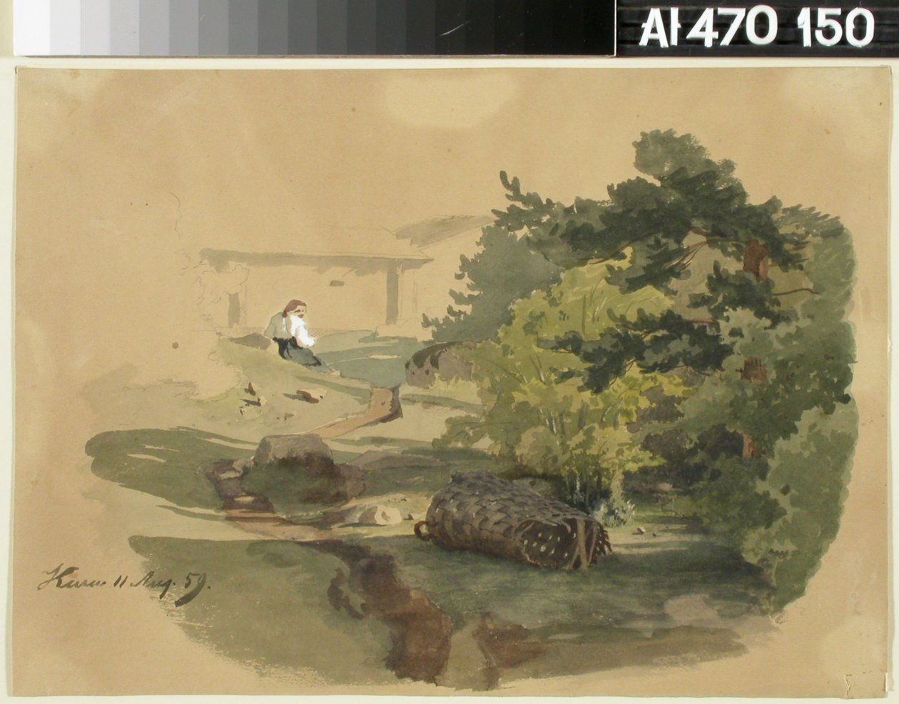 Landschaft mit Schindelkorb und sitzender Frau da Werner Holmberg
