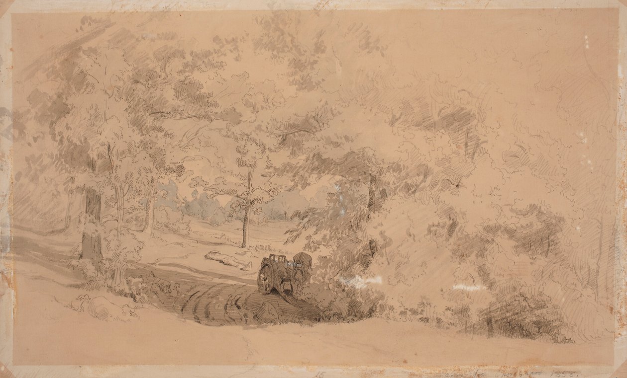 Paesaggio forestale con cavallo e carro ; Paesaggio forestale, uomo che pesca su un ponte sopra un ruscello (opera bifacciale) da Werner Holmberg