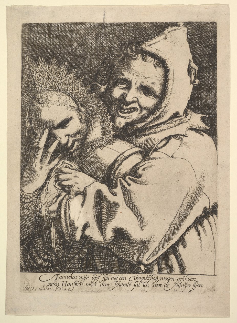 Folle con una ragazza che guarda attraverso le dita da Werner Jacobsz. van den Valckert