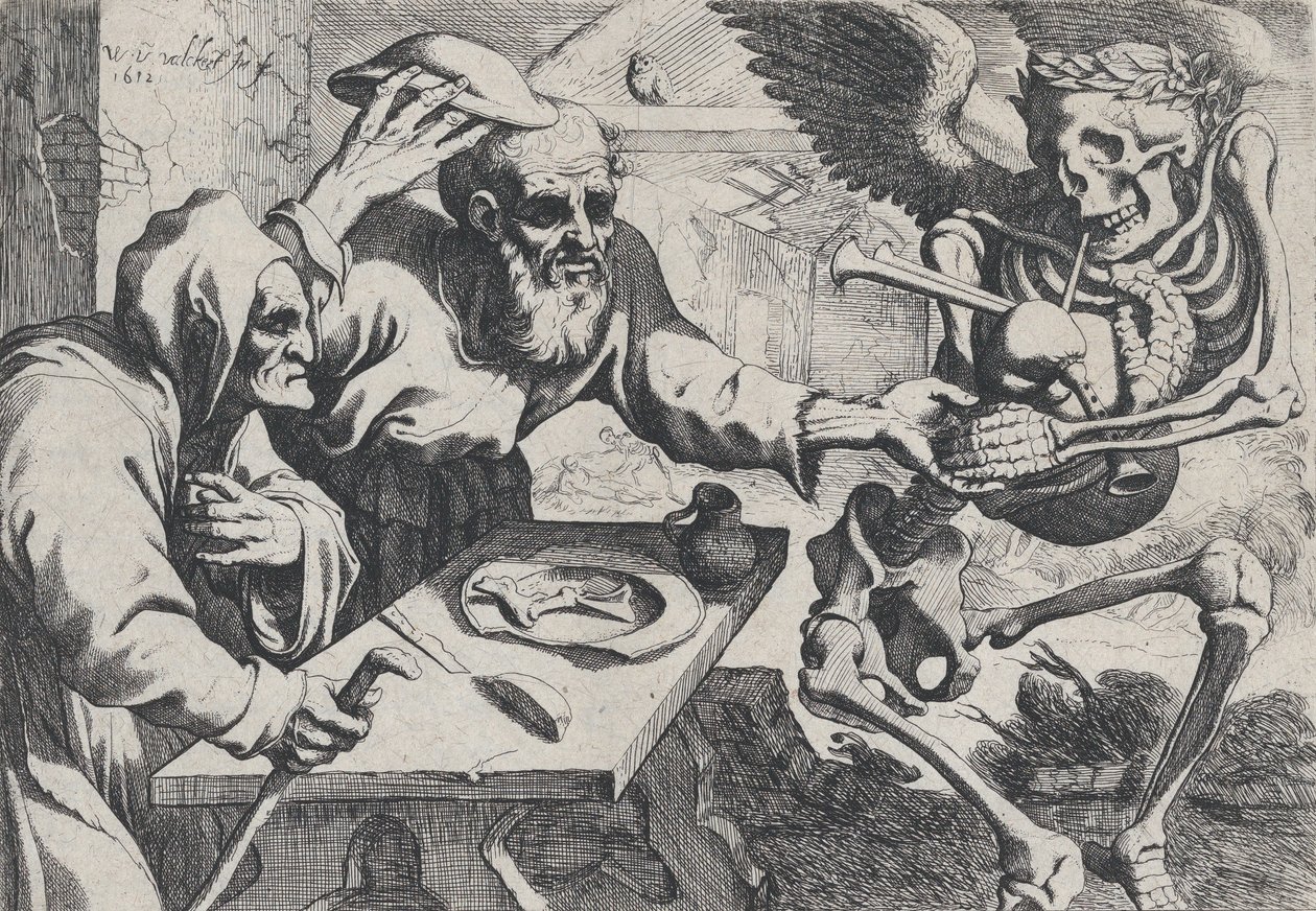Vecchia coppia e morte con cornamuse, 1612 da Werner Jacobsz. van den Valckert