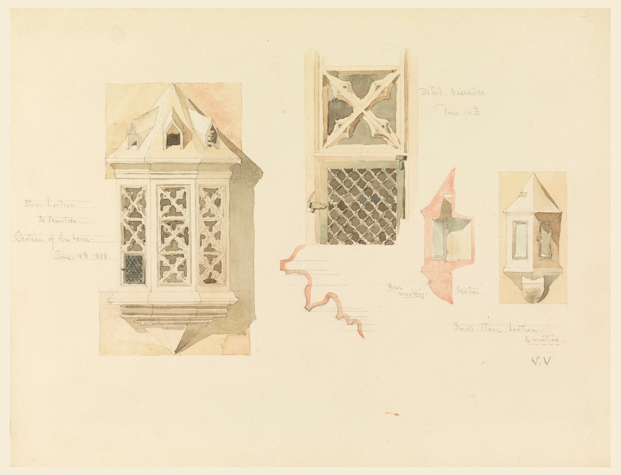 Disegno, rendering di due lanterne di pietra, dal castello di Amboise, Francia, 14-15 giugno 1888 da Whitney Warren Jr.