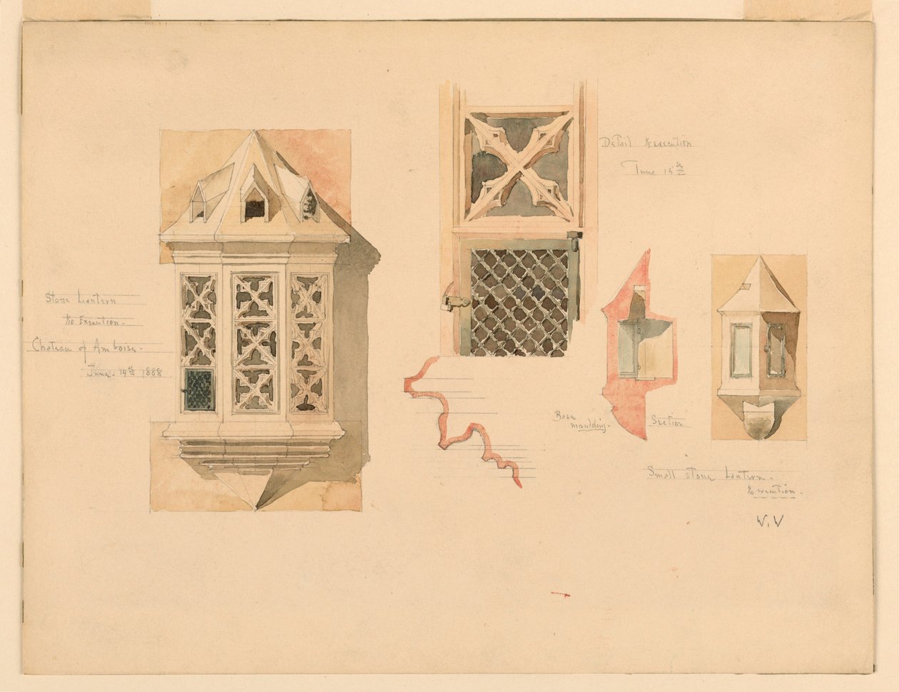 Disegno, rendering di due lanterne di pietra, dal castello di Amboise, Francia, 14-15 giugno 1888 da Whitney Warren Jr.