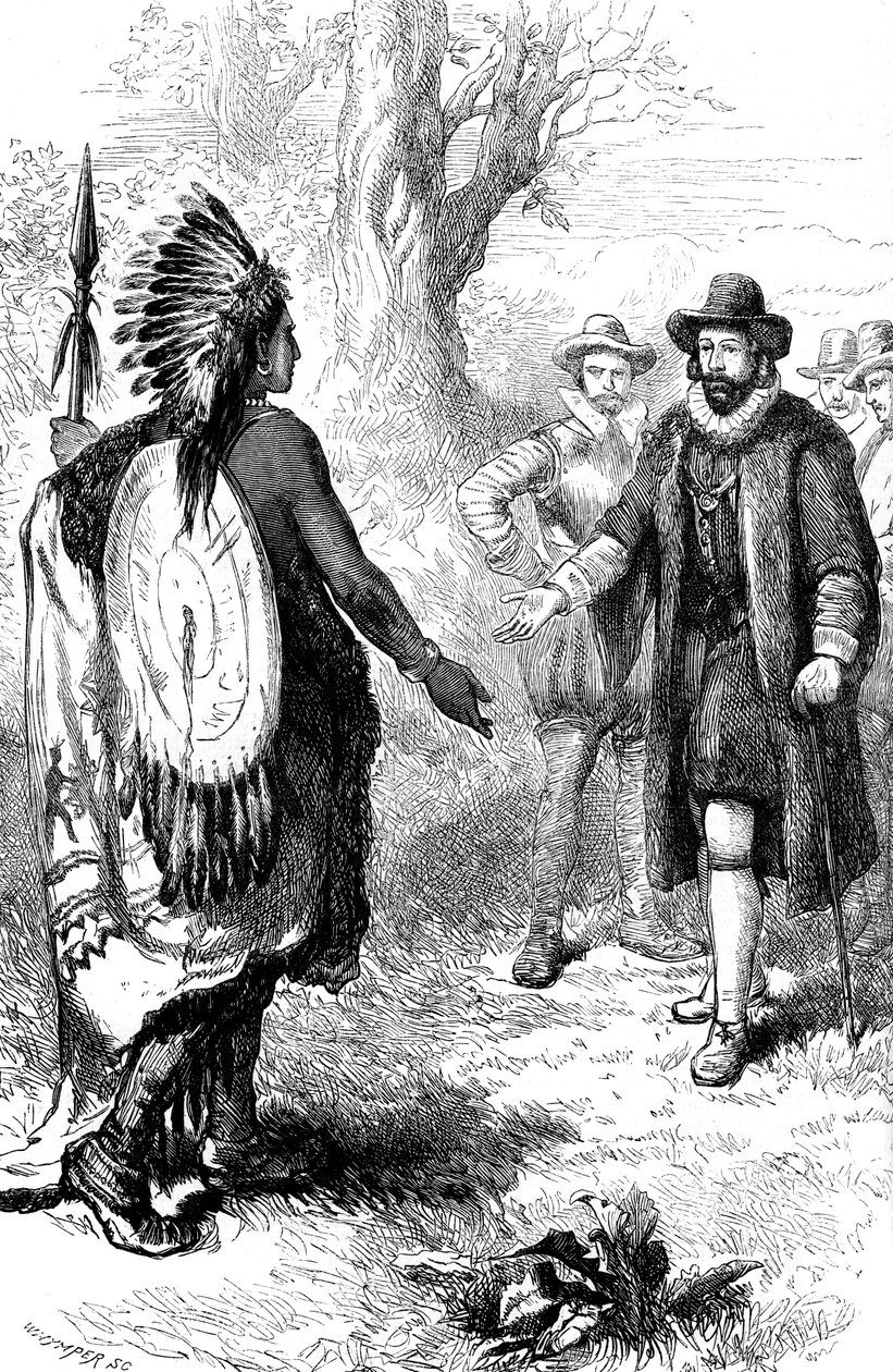 Accoglienza di un guerriero Narragansett da parte di John Winthrop, Massachusetts, c. 1630s c. 1880 da Whymper