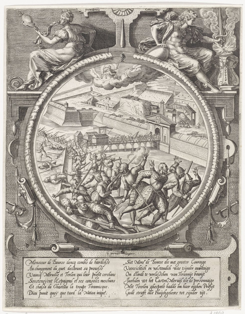 Le truppe di Bourse scacciano i soldati tedeschi di Treslong e Merville dalla cittadella, 1577 da Wierix