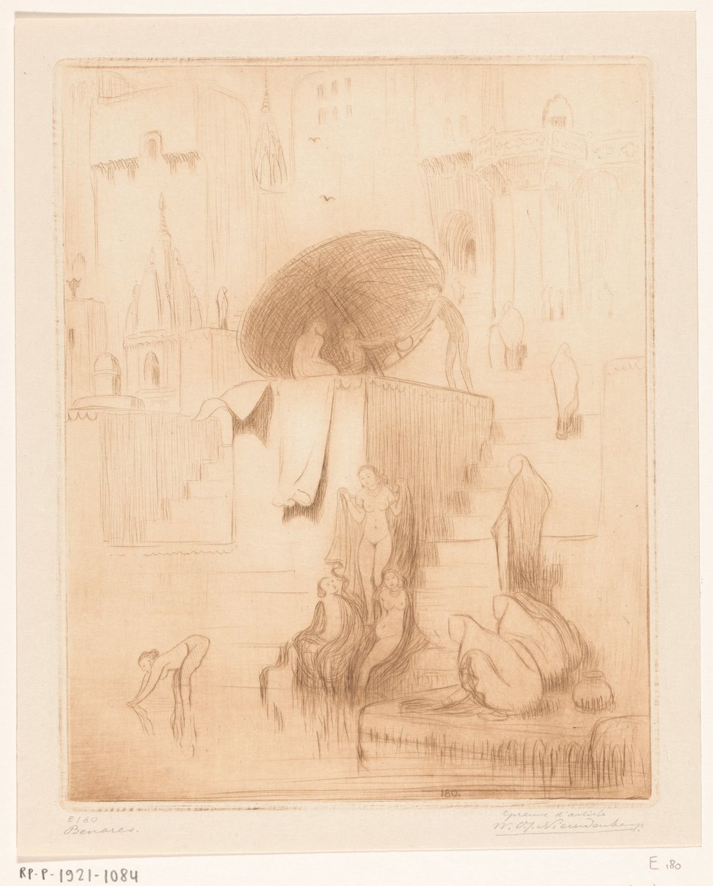 Donne che fanno il bagno e lavano sulla riva del Gange a Benares da Wijnand Otto Jan Nieuwenkamp (signed by artist)