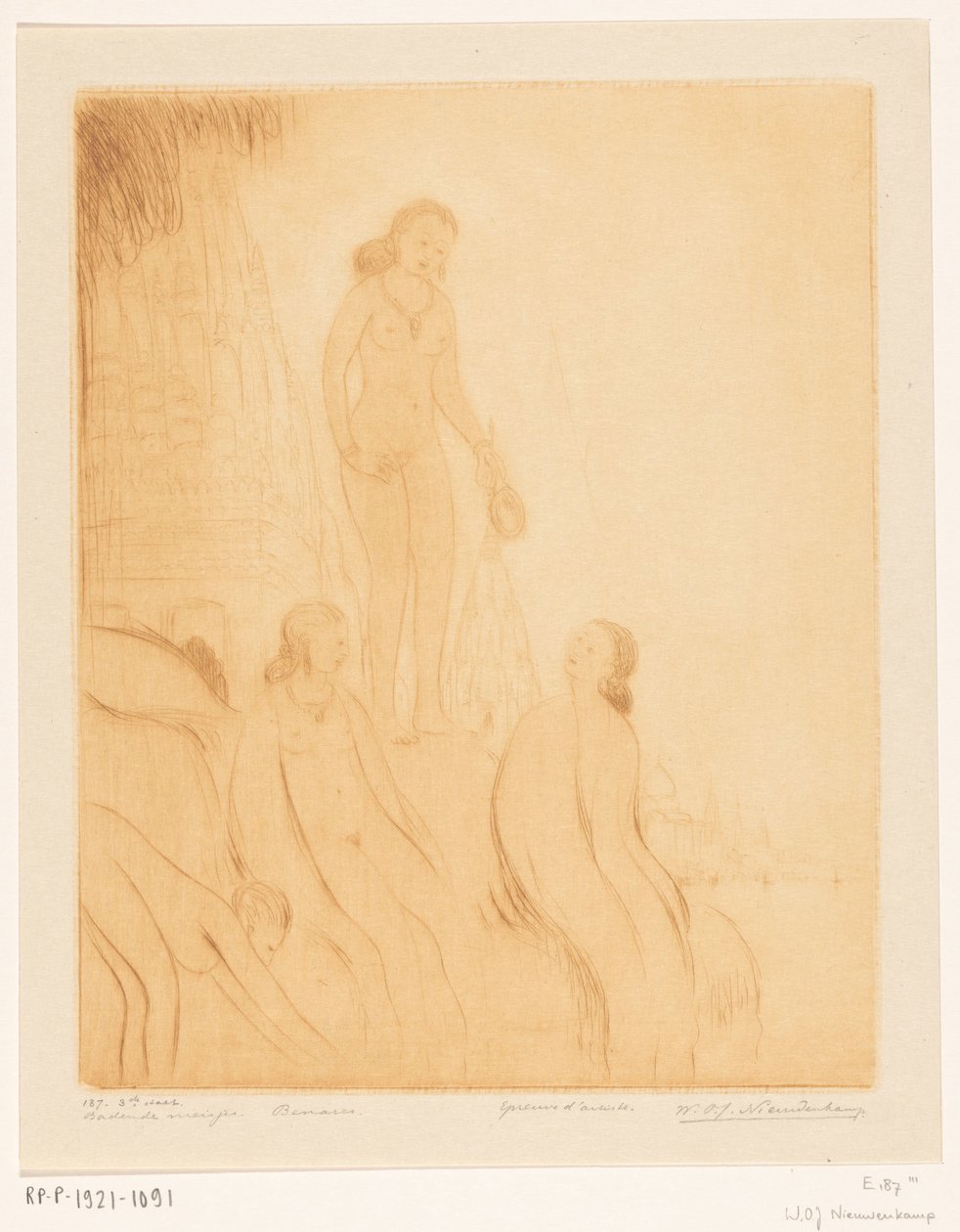 Ragazze che fanno il bagno sulla riva del Gange a Benares da Wijnand Otto Jan Nieuwenkamp (signed by artist)