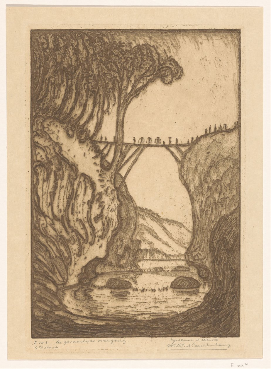 Ponte di legno su una gola fluviale a Bali da Wijnand Otto Jan Nieuwenkamp (signed by artist)