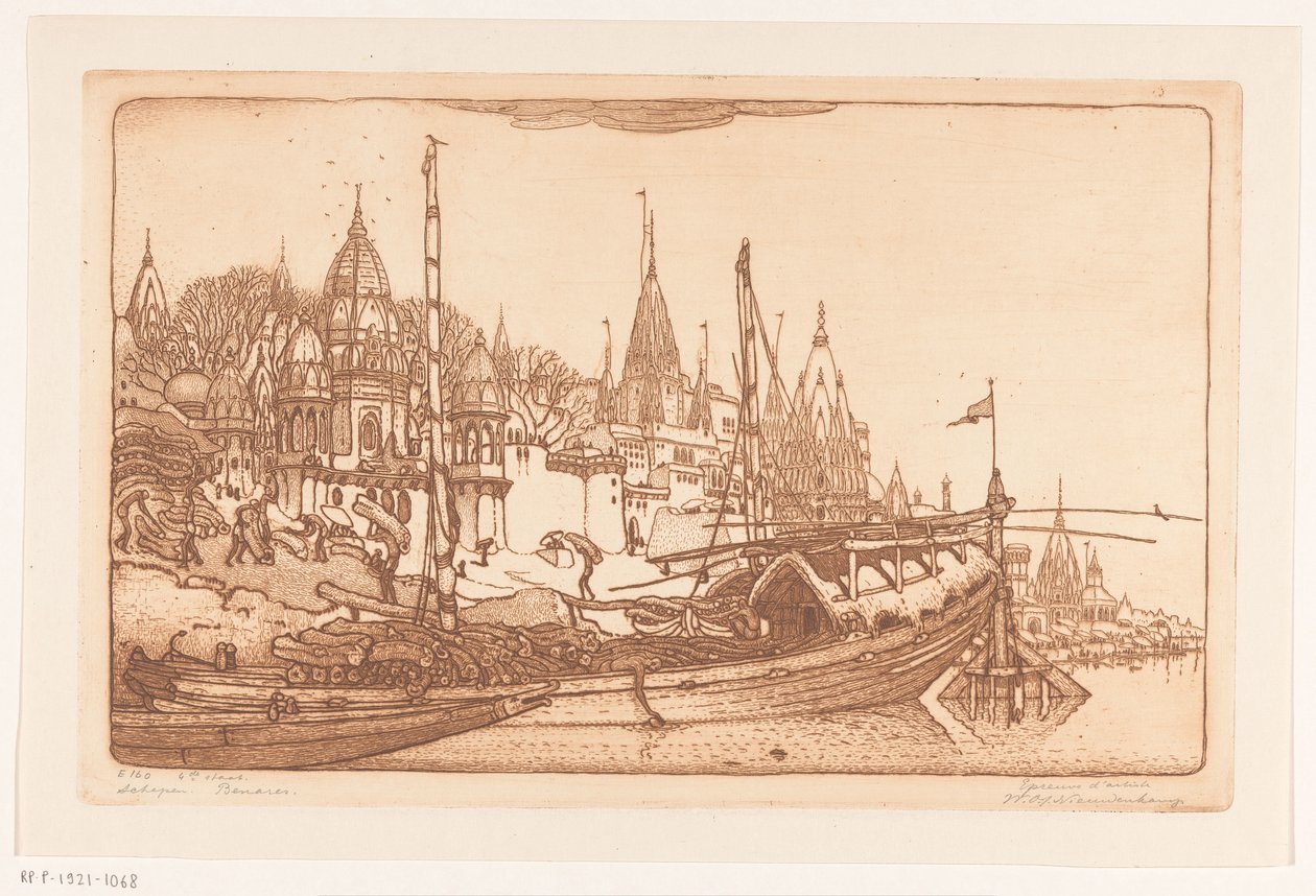 Nave con legna da ardere sulla riva del Gange a Benares da Wijnand Otto Jan Nieuwenkamp (signed by artist)