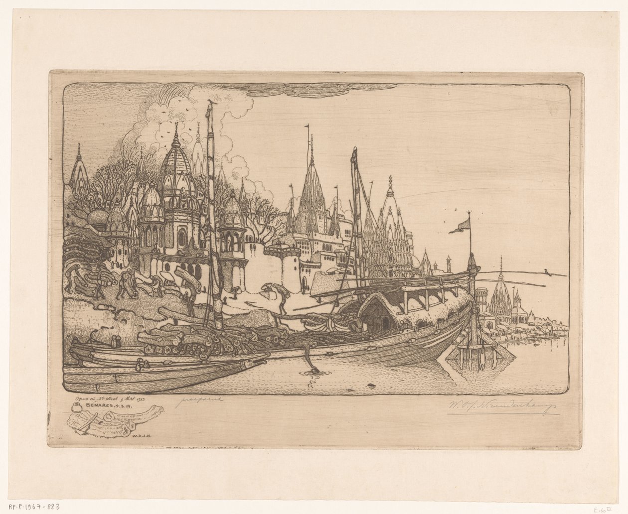 Nave con legna da ardere sulla riva del Gange a Benares da Wijnand Otto Jan Nieuwenkamp (signed by artist)