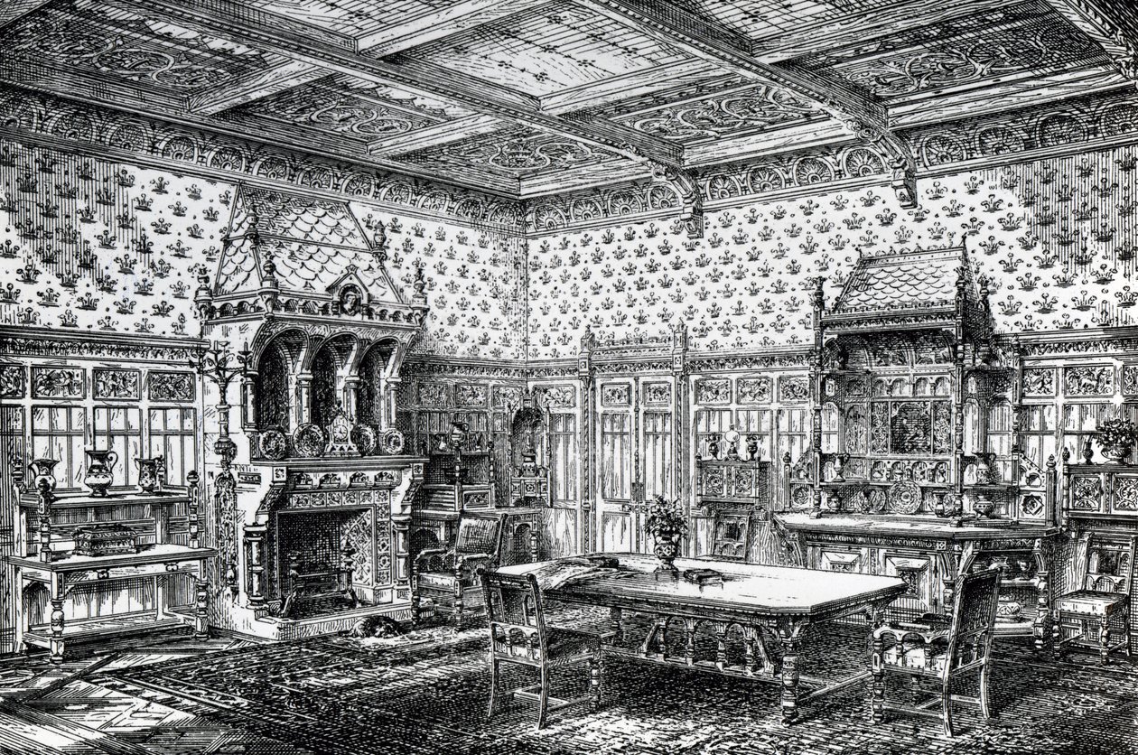 Design per una sala da pranzo gotica, pubblicato in The House-Furnisher & Decorator, 1 settembre 1872 da Wilberforce Haddon