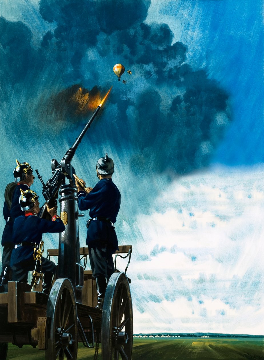 Un coraggioso aeronauta consegnò la posta alla città di Parigi assediata nonostante il fuoco dei cannoni prussiani da Wilf (20th century) Hardy