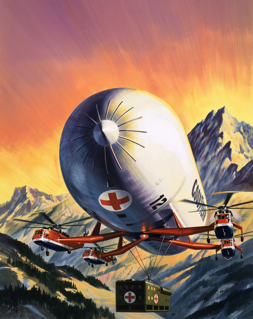 Una combinazione futuristica di elicotteri e dirigibili per il trasporto di grandi carichi. da Wilf (20th century) Hardy