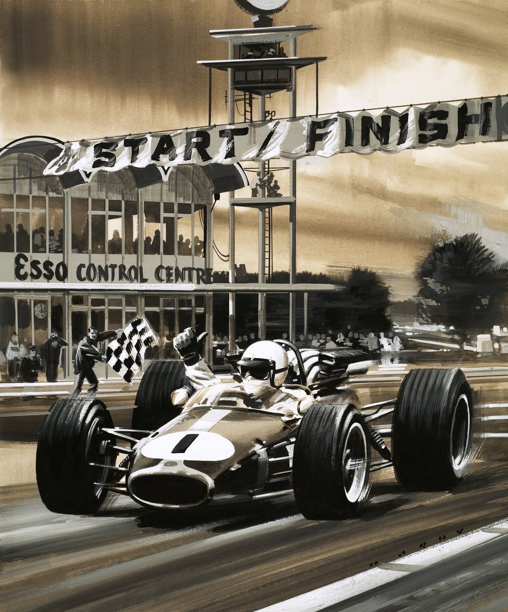 Jack Brabham fa il segno del pollice in su mentre vince il primo Gran Premio del Canada della storia da Wilf (20th century) Hardy