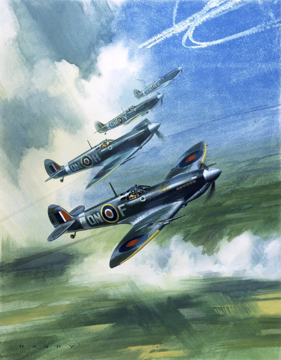 Volo di pattugliamento del 416 Squadron, Royal Canadian Air Force, Spitfire Mark 9s (gouache su carta) da Wilf (20th century) Hardy