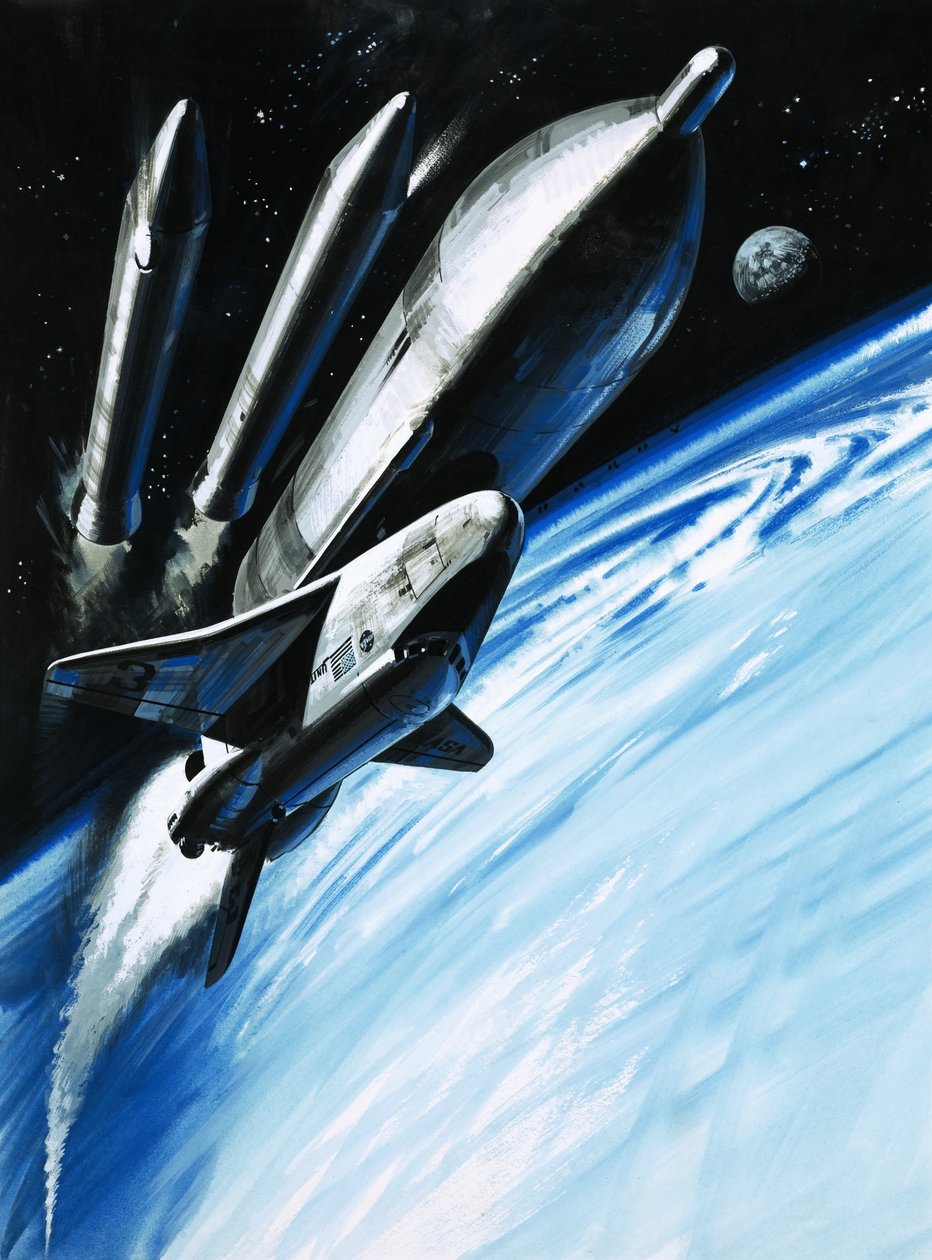 La navetta spaziale nel momento in cui perde due dei suoi motori a razzo da Wilf (20th century) Hardy