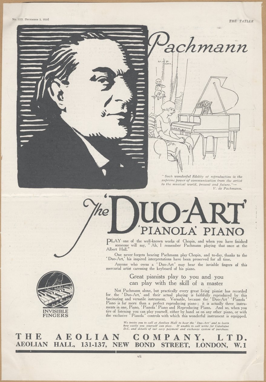 Pianole della Aeolian Company, 1924 da Wilfred Fryer