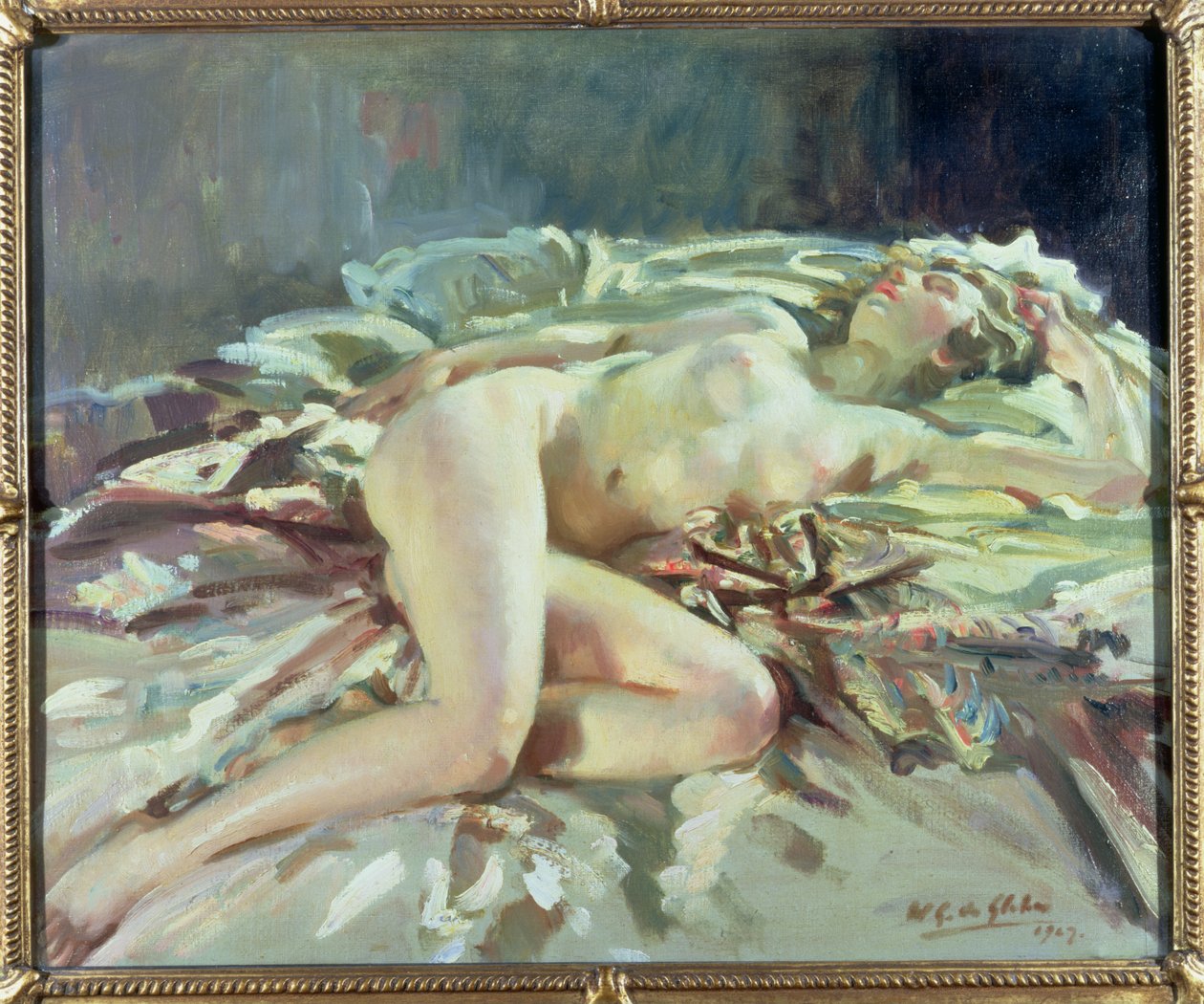 Nudo femminile reclinato su un letto da Wilfred Gabriel de Glehn