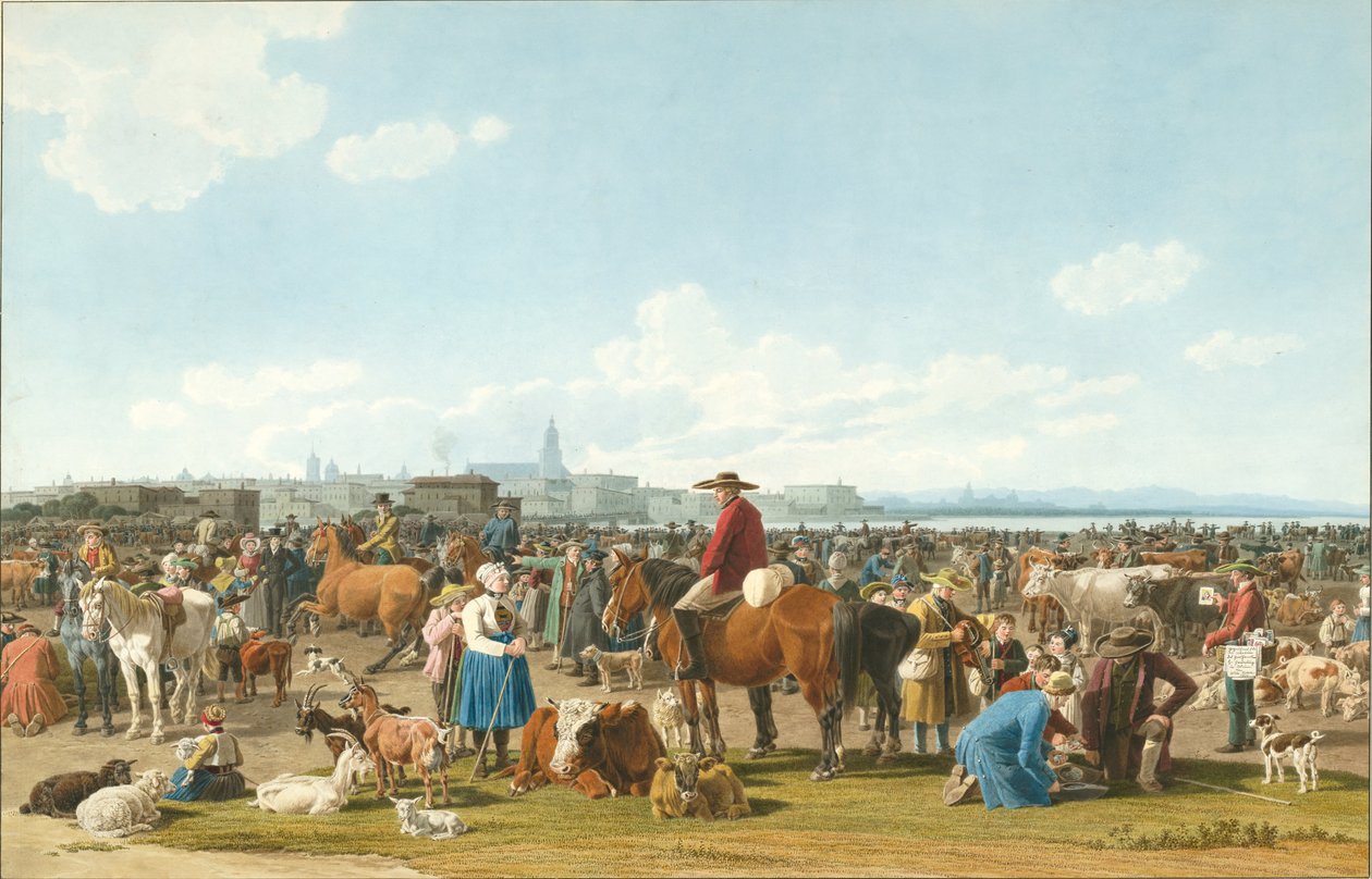Mercato del bestiame davanti a una grande città su un lago, 1820 da Wilhelm Alexander Kobell