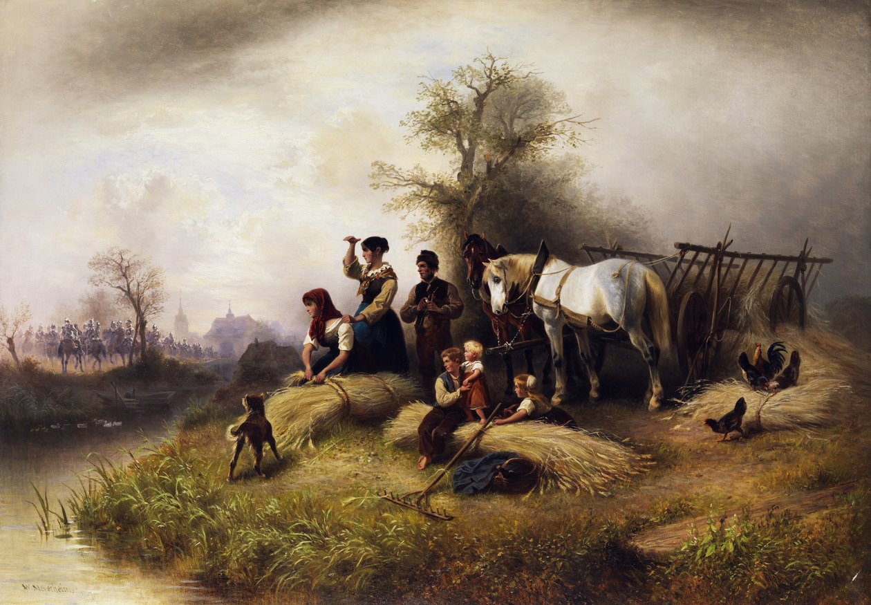 Famiglia contadina durante la raccolta del grano osserva un passaggio di cavalleria da Wilhelm Meyerheim