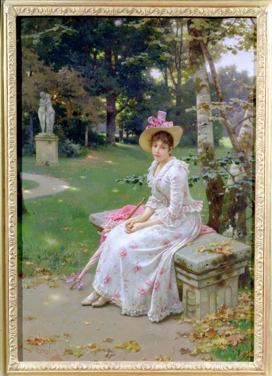 Giovane donna in attesa su una panchina del parco con un parasole da Wilhelm Menzler