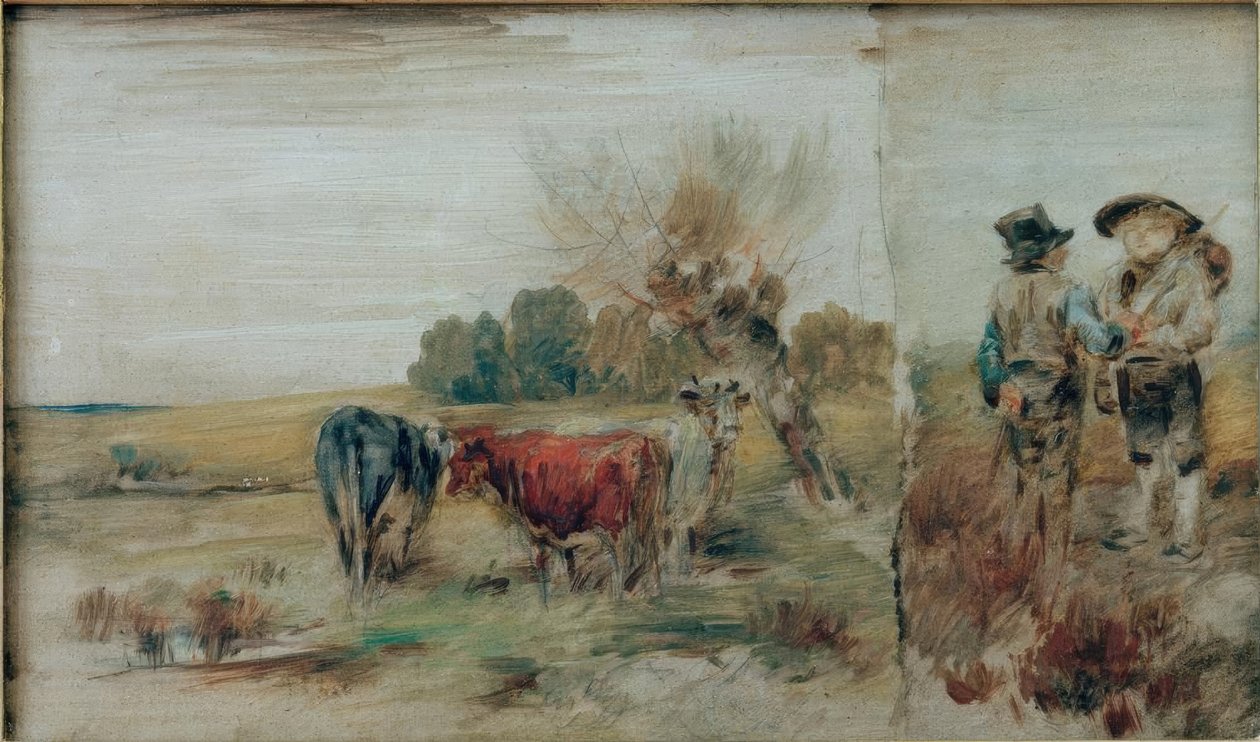 Doppia immagine: Mucche al pascolo, due contadini in conversazione da Wilhelm Busch