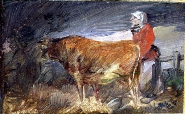 Donna e una mucca in un paesaggio da Wilhelm Busch