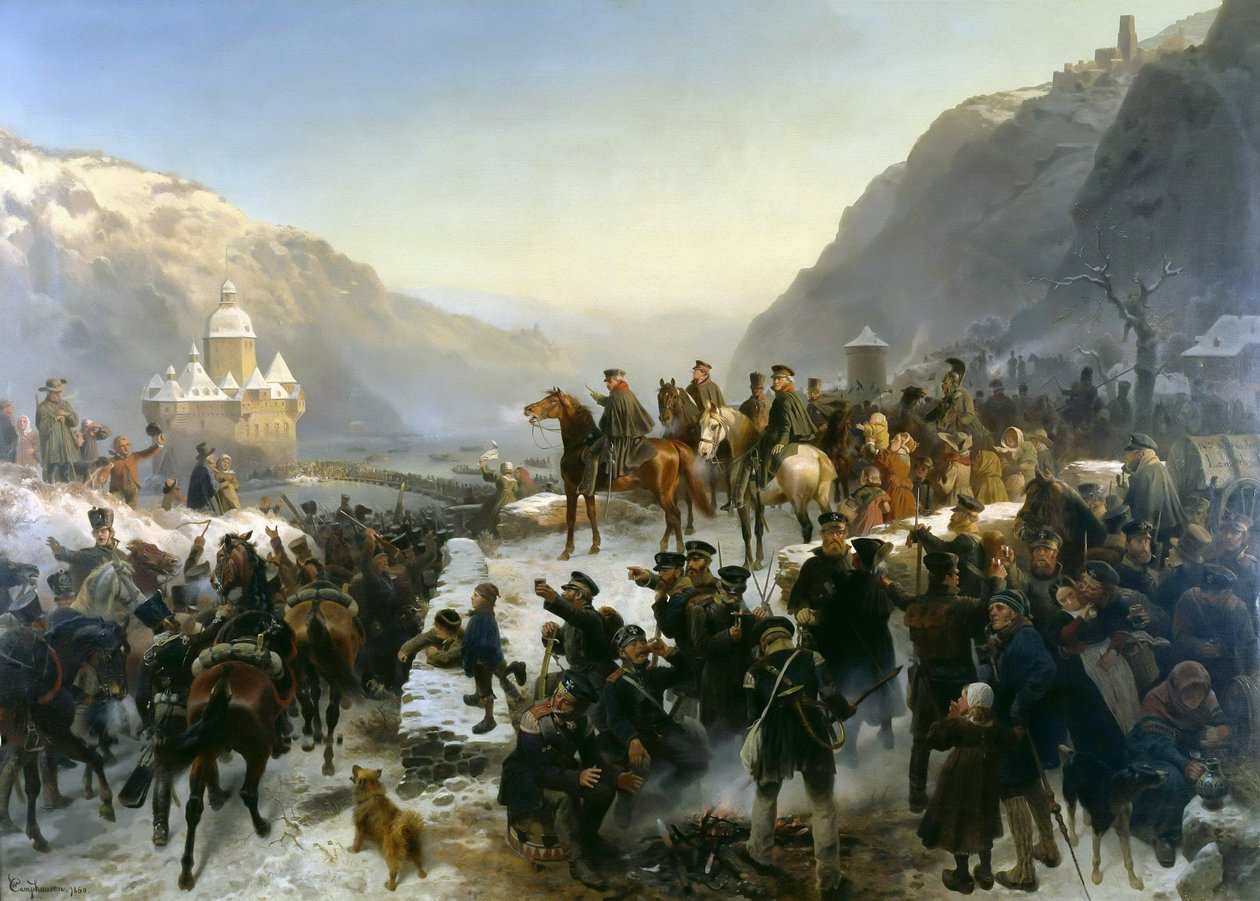 Blücher attraversa il fiume Reno vicino a Kaub il 1° gennaio 1814 da Wilhelm Camphausen