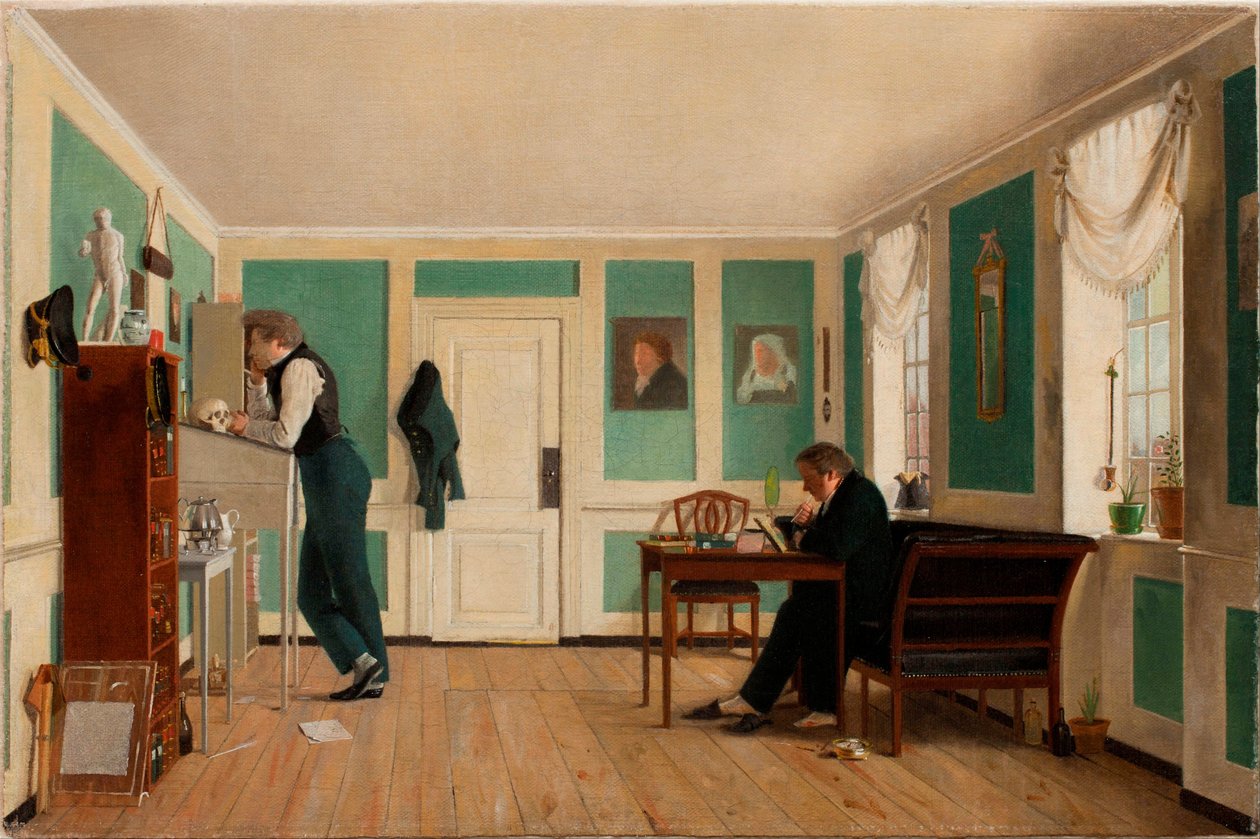 Interno di Amaliegade, Capitano Carl Ludvig Bendz in piedi e Dr. Jacob Christian Bendz seduto da Wilhelm Ferdinand Bendz