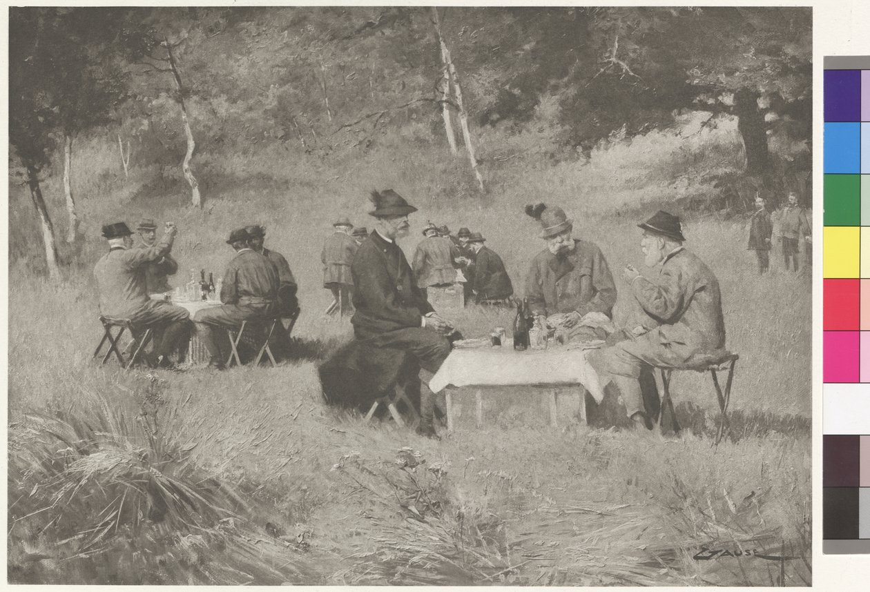 Partita di caccia - Imperatore Francesco Giuseppe a tavola con il principe Leopoldo di Baviera e il Granduca Ferdinando IV di Toscana da Wilhelm Gause