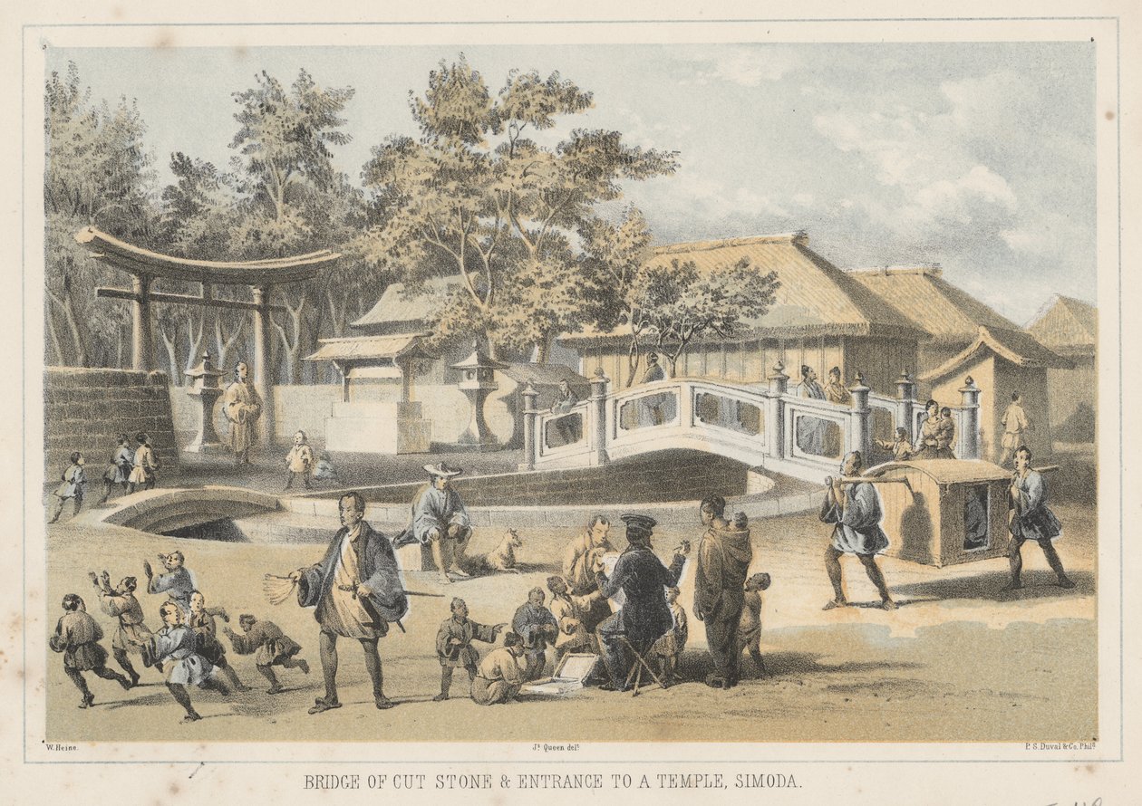 Ponte di pietra tagliata e ingresso a un tempio, Simoda, 1855 da Wilhelm Joseph Heine