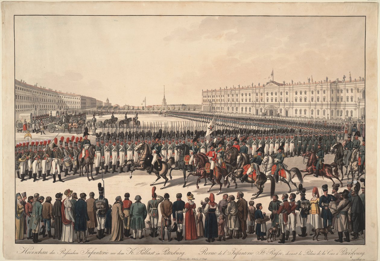 Una rassegna della fanteria russa sulla Piazza del Palazzo a San Pietroburgo da Wilhelm Kobell Ritter von
