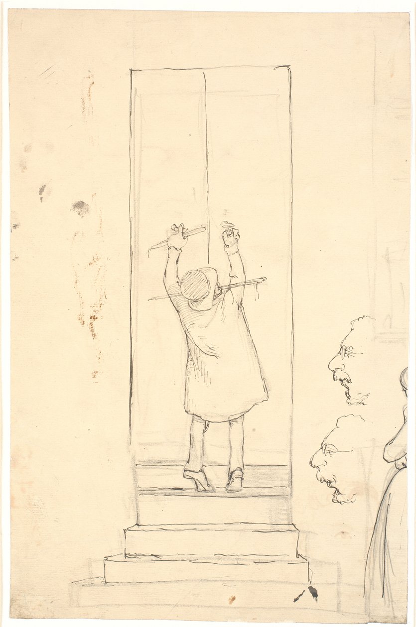 Un piccolo uomo si alza in punta di piedi per aprire una porta con un chiavistello. Schizzi di profili e donna da Wilhelm Marstrand