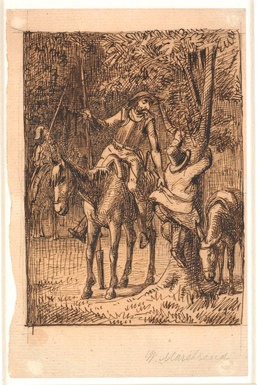 Prima della lotta con il cavaliere dello specchio, Don Chisciotte aiuta Sancho Panza a salire su un albero da Wilhelm Marstrand